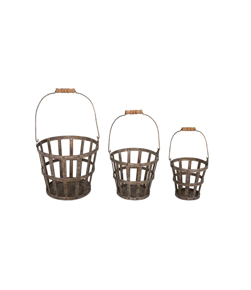 Set 3 paniers zinc poignée bois