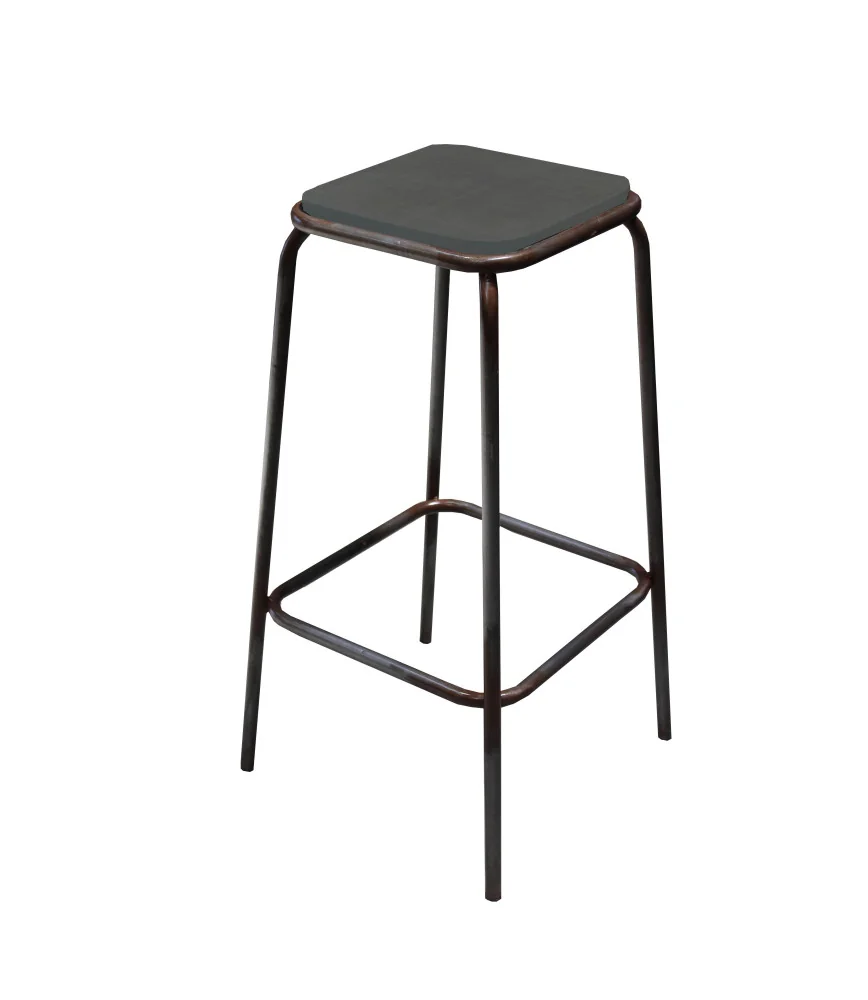 Tabouret industriel assise bois anthracite usé