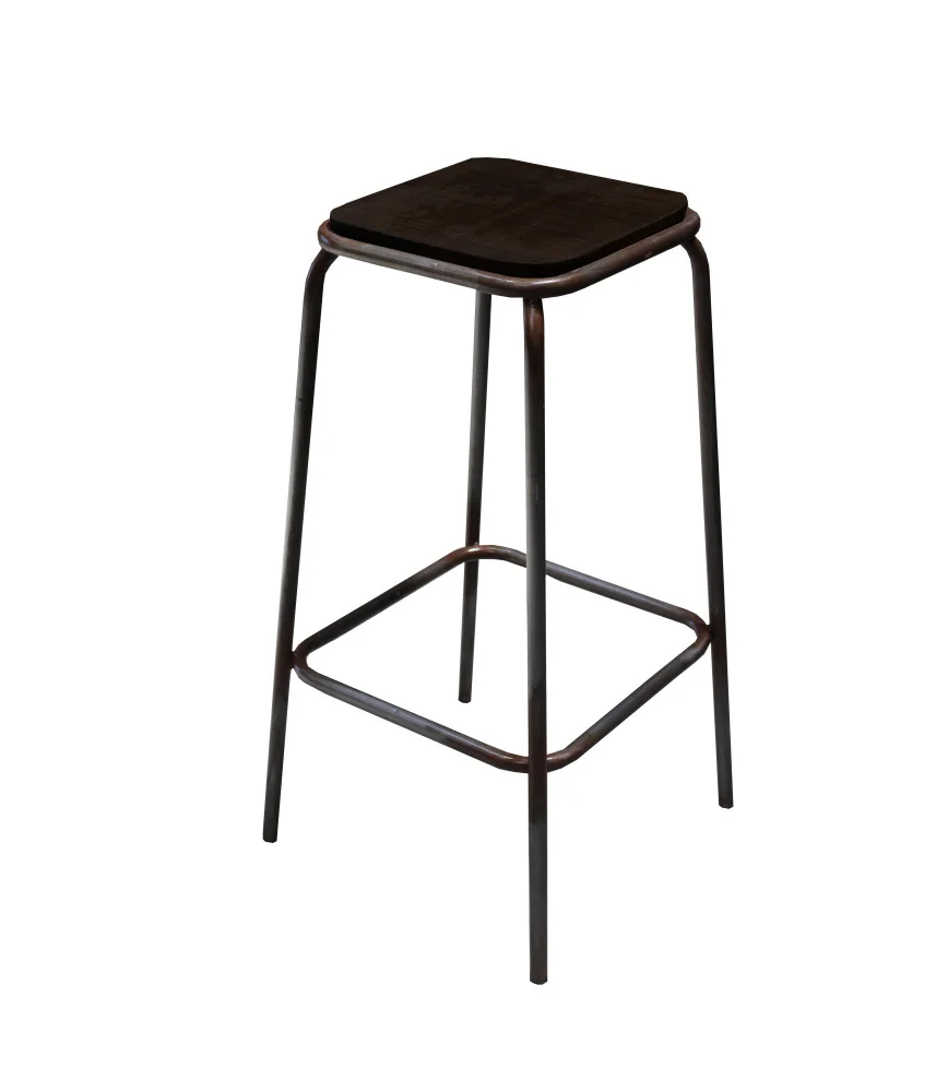 Tabouret industriel assise bois noir usé