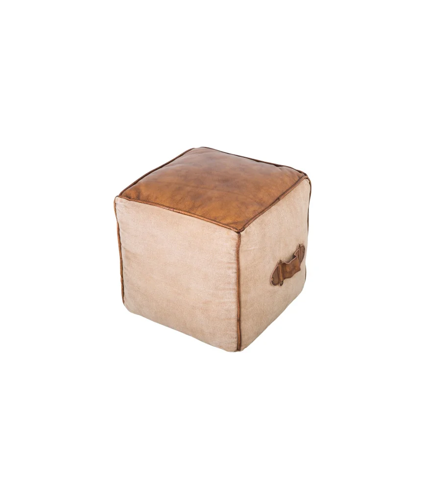 Pouf cuir + tissus avec poignée 40*40