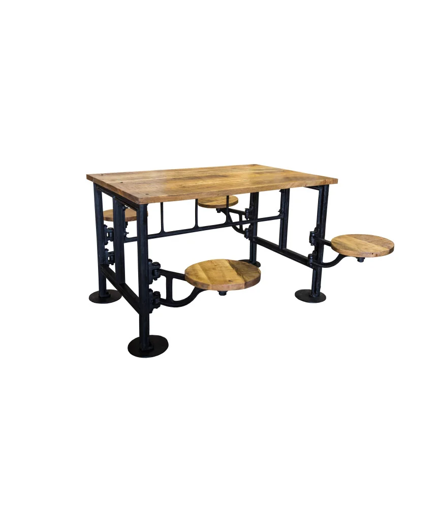 Table industrielle à 4 tabourets intégrés L 130 x H 72