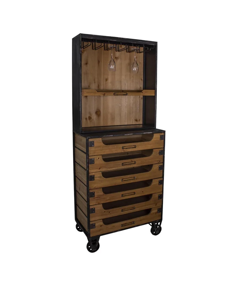 Meuble indus avec porte verre, étagère et 6 tiroirs