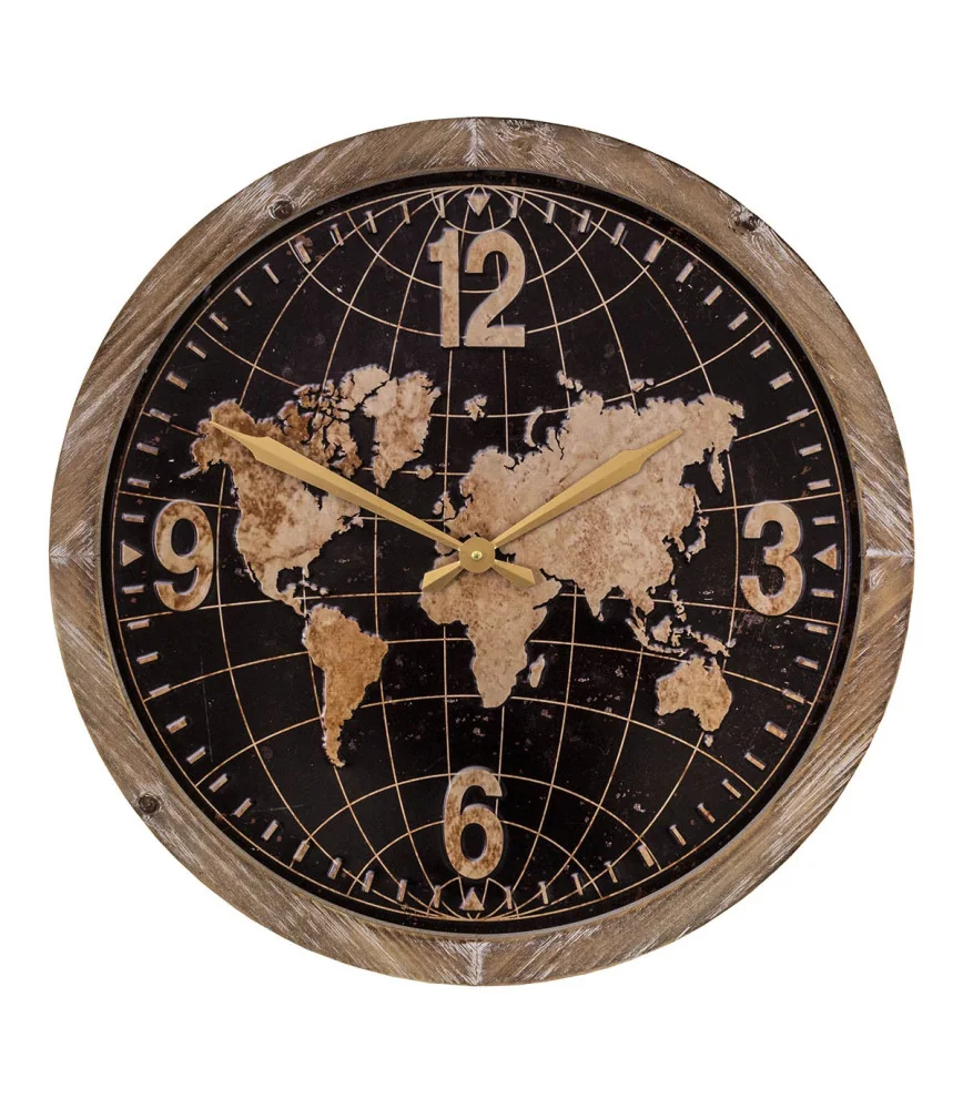 Pendule mappemonde encadrement bois diamètre 60