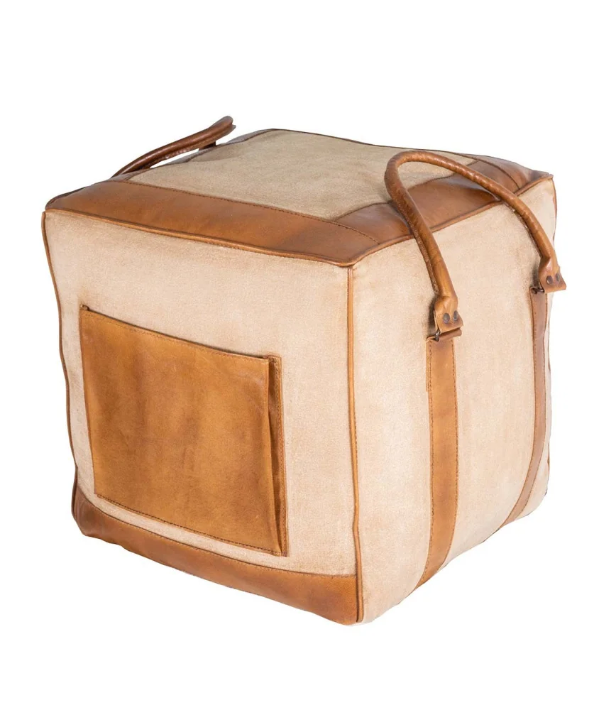 Pouf cuir + tissu avec poche magazine