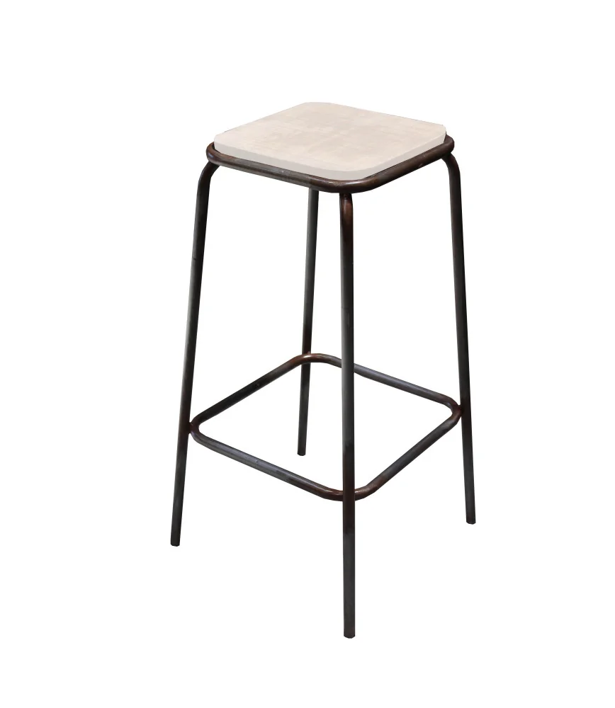Tabouret industriel assise bois blanc usé