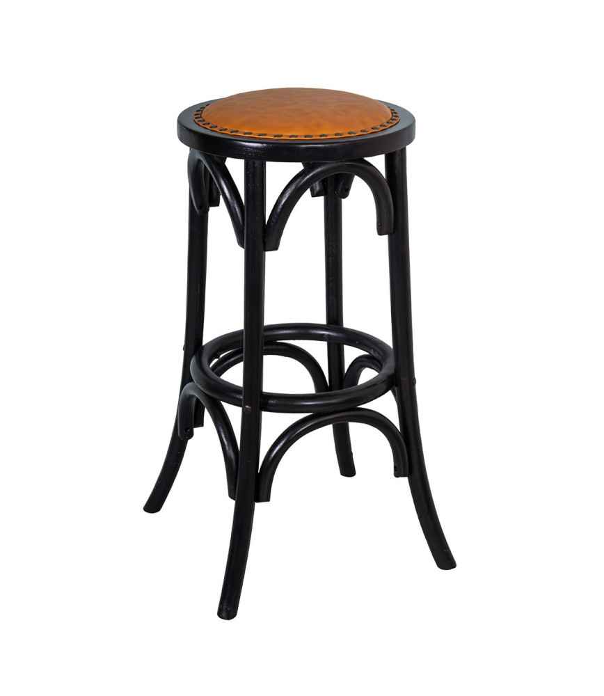 Tabouret de bistro vintage bois Noir + assise PU naturel