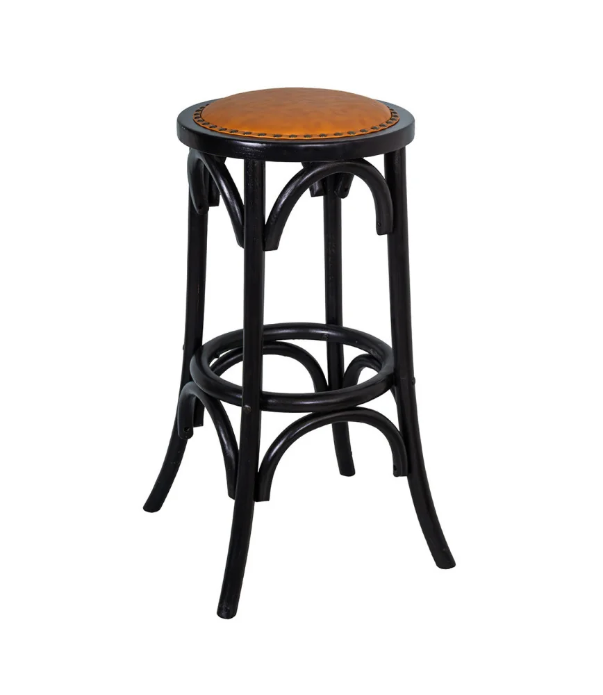 Tabouret de bistro vintage bois Noir + assise PU naturel